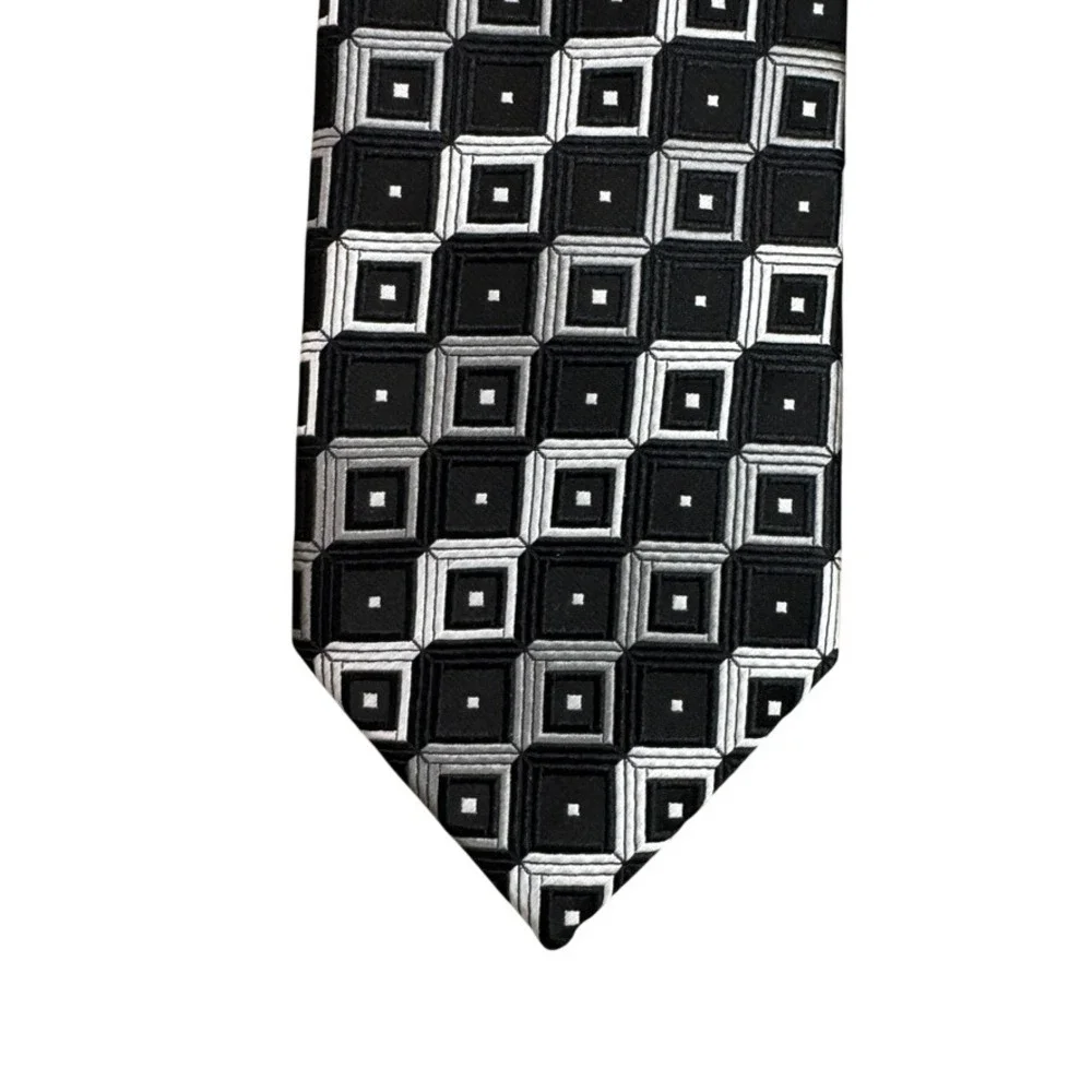 Bergamo New York Mens Geometric Square Pattern Tie Black White Silver Grey Woven